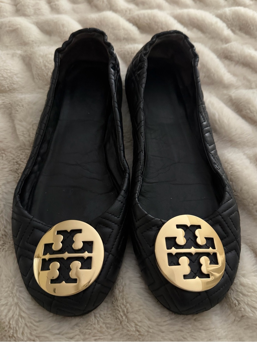 Tory Burch Black Quilted Leather Logo Ballet Flats